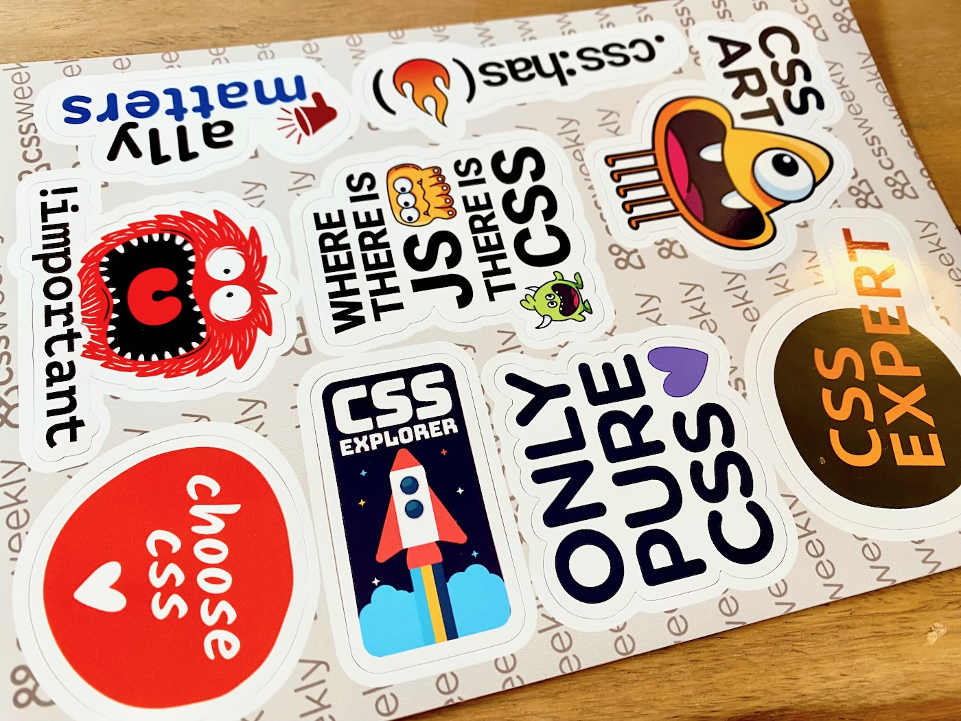 CSS Stickers Set #1 print sheet on a desk.